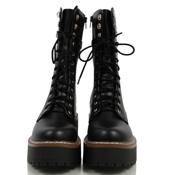 Black Faux Leather  Combat Mid Calf Platform Block Heel Boot - Picture 4 of 7